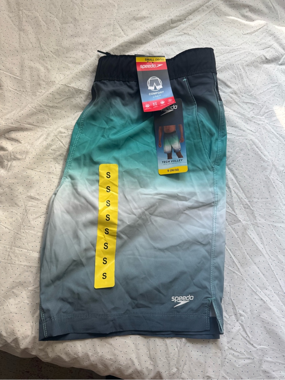 Speedo Ombre 7 inseam Swim Shorts in Teal, Gray and Black.